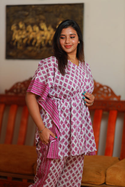 Pretty Jaipur cotton kaftan with pyjamas set ( 2 pcs set )