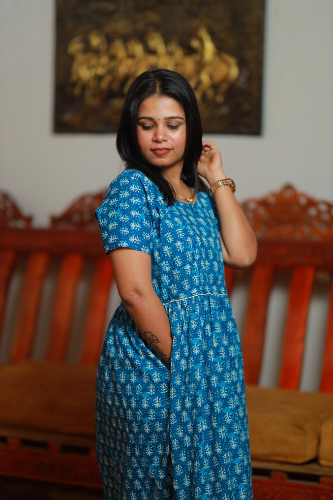 FANCY- Blue with white Jaipur print Frock Type Maxi with center zip