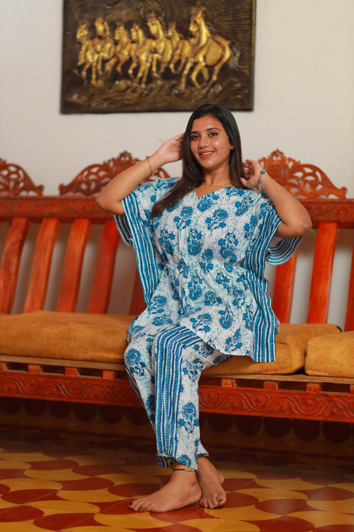 Pretty Jaipur cotton kaftan with pyjamas set ( 2 pcs set )