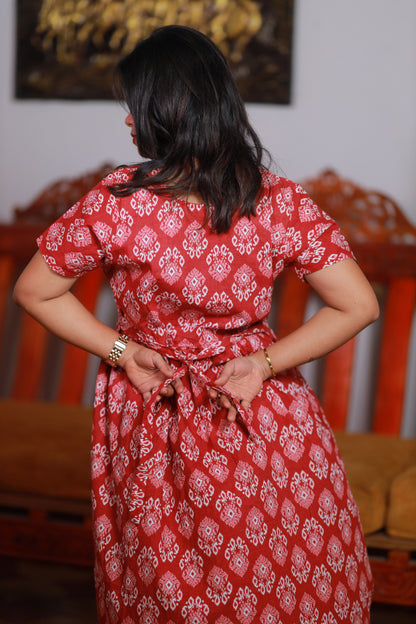 Fancy - Dark Red with white Frock Type Maxi with invisible zip