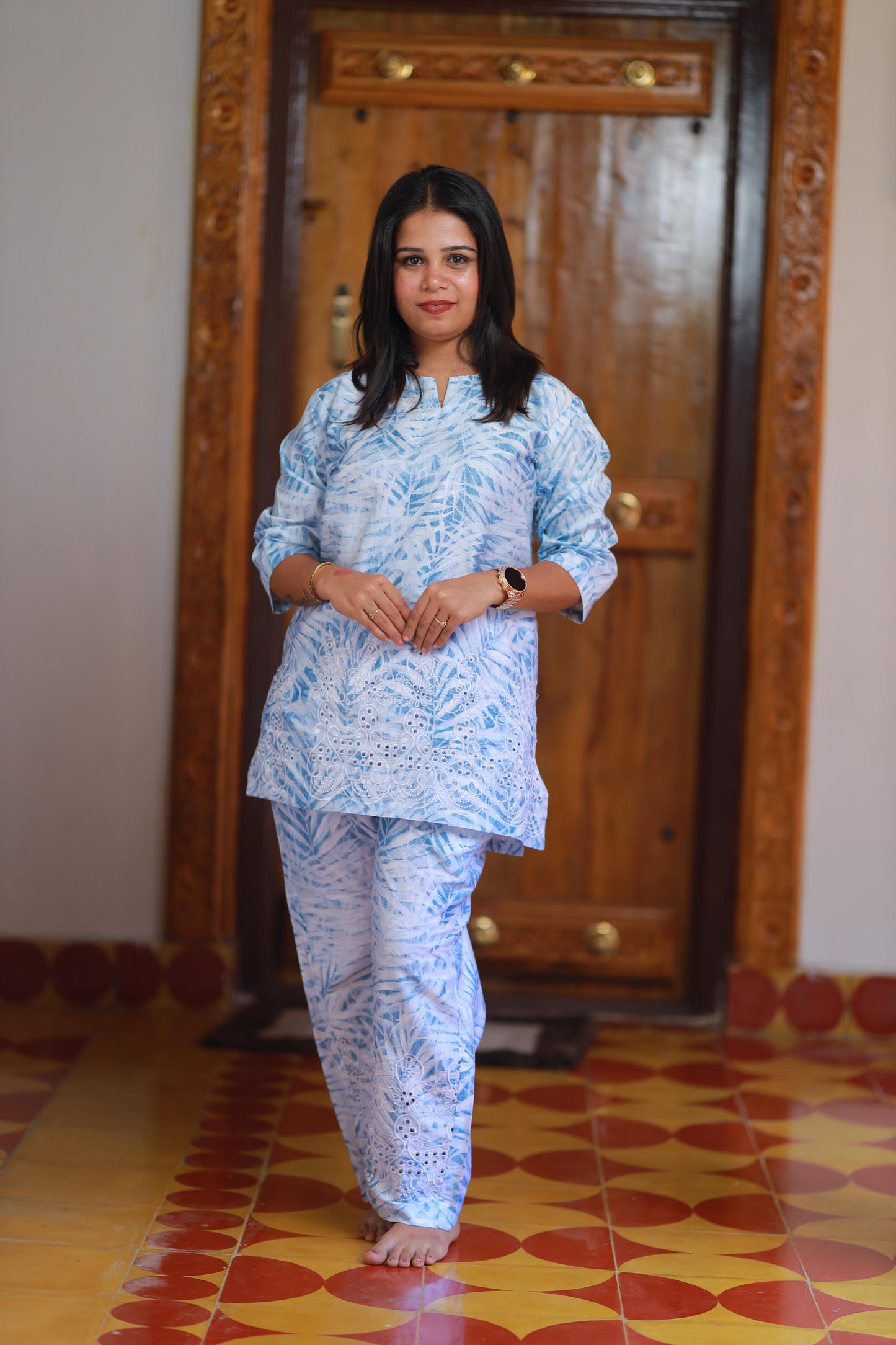 Ice Blue Linen schiffli embroidery co-ord set