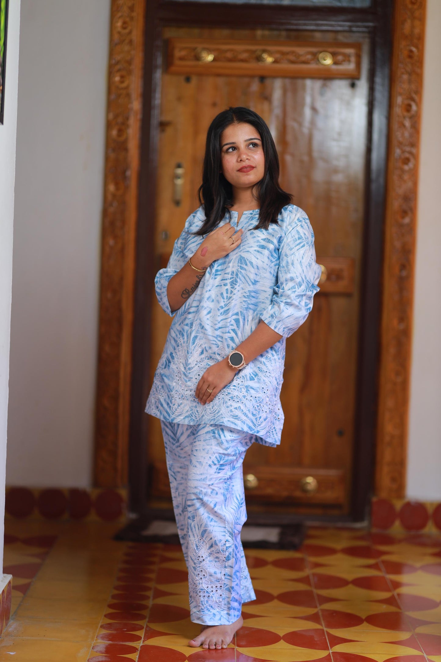 Ice Blue Linen schiffli embroidery co-ord set