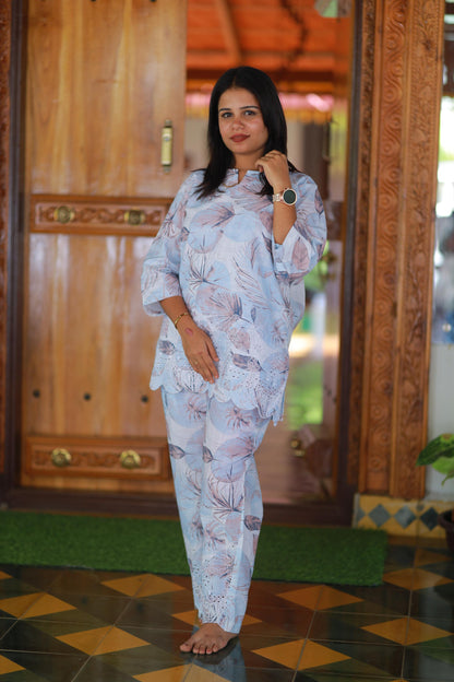 Tropical Blossom Water Blue Linen schiffli embroidery co-ord set