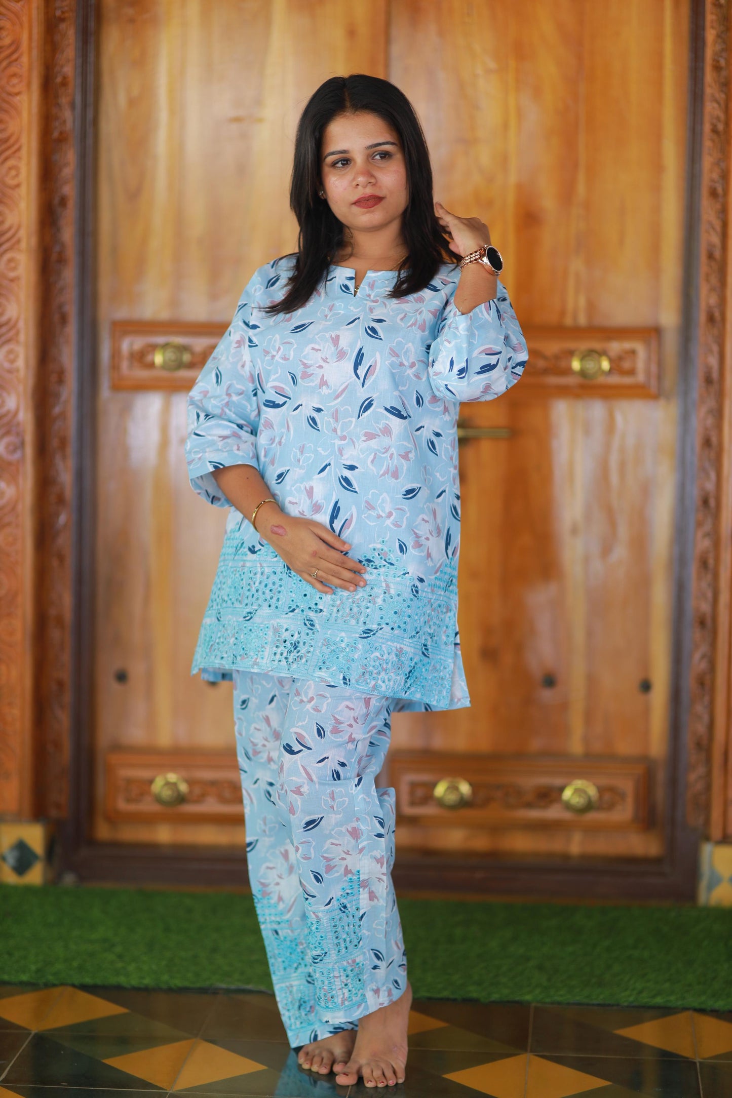 Sky blue Blossom Linen schiffli embroidery co-ord set