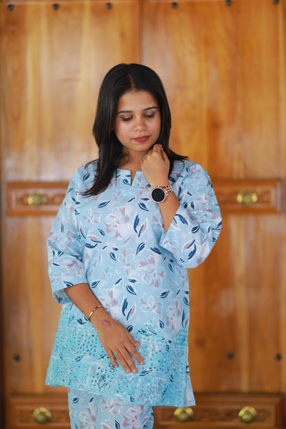 Sky blue Blossom Linen schiffli embroidery co-ord set