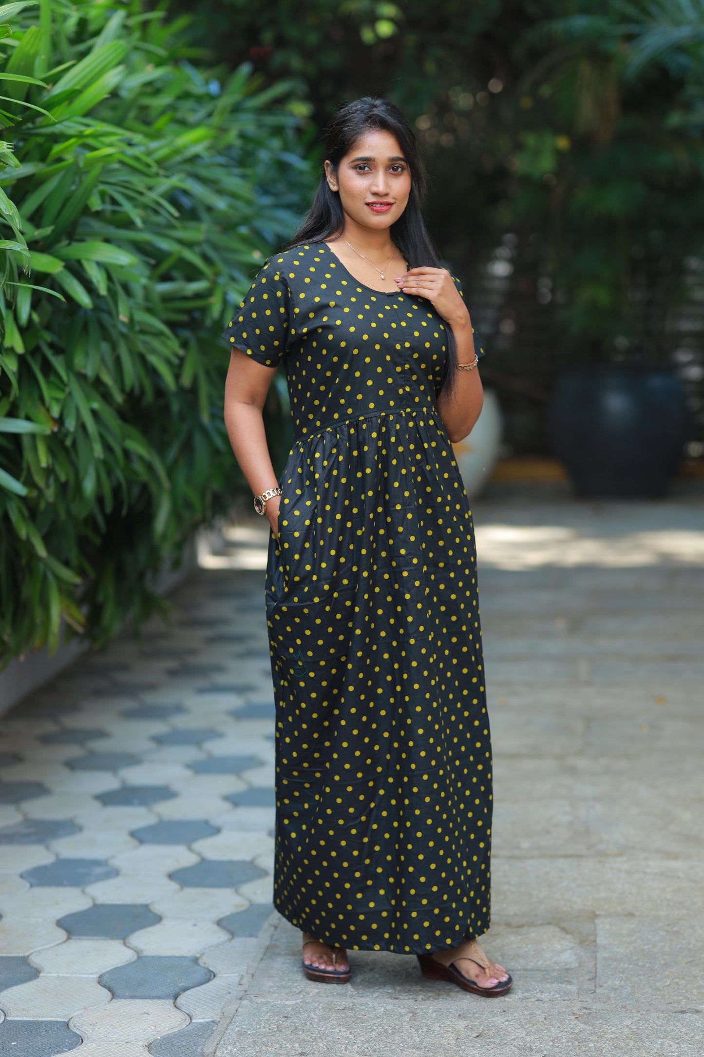Black with Green dot Polka design Center Zip Frock
