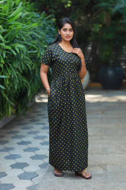 Black with Green dot Polka design Center Zip Frock