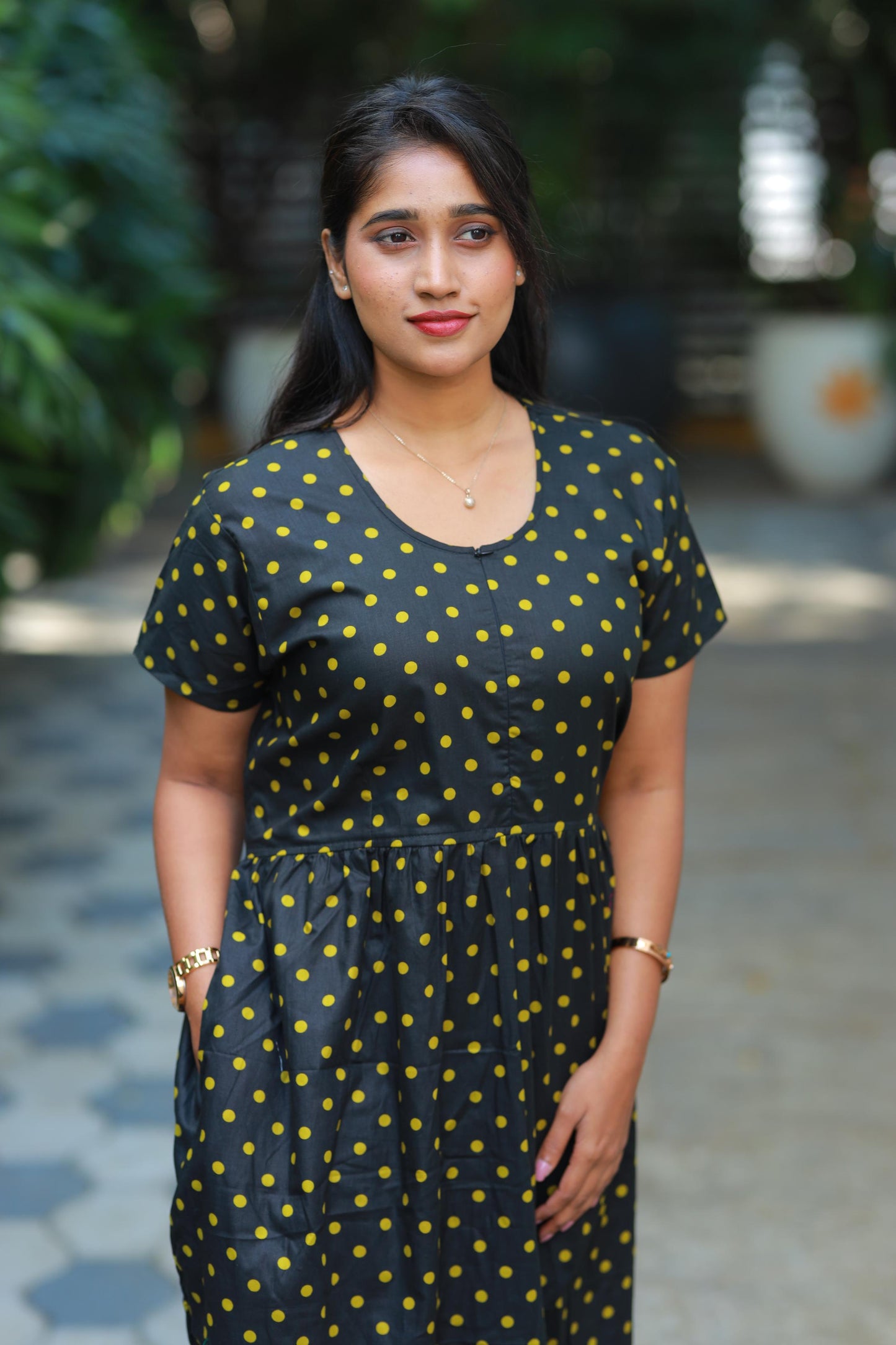 Black with Green dot Polka design Center Zip Frock
