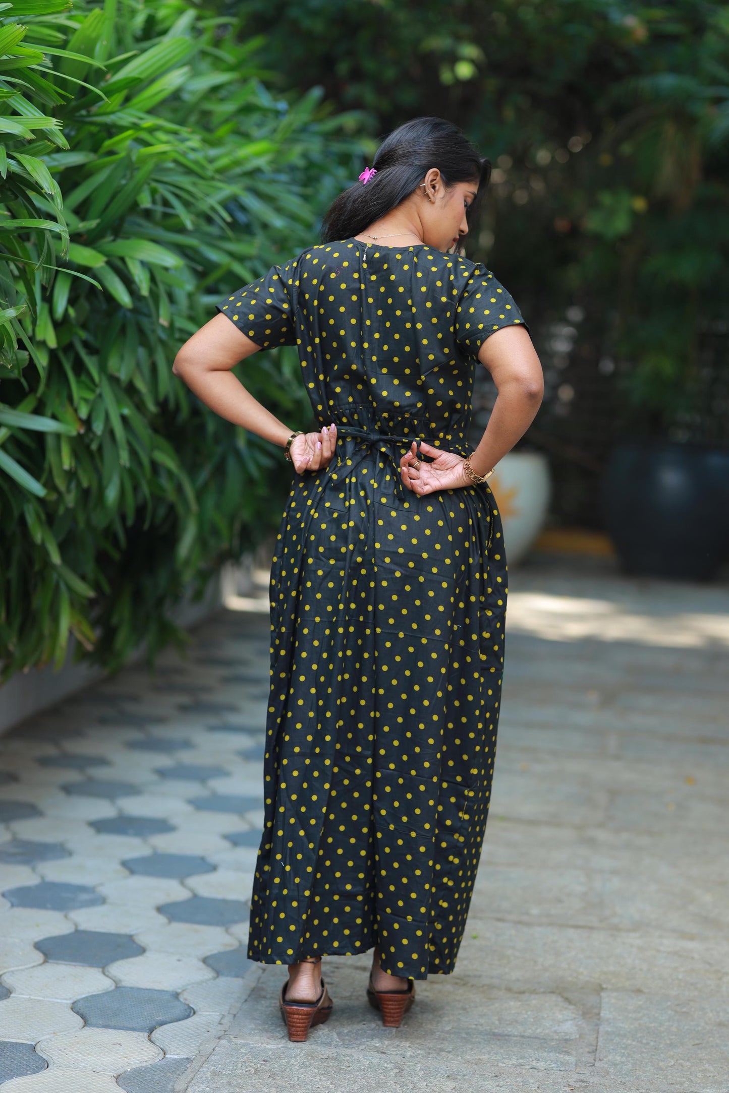 Black with Green dot Polka design Center Zip Frock