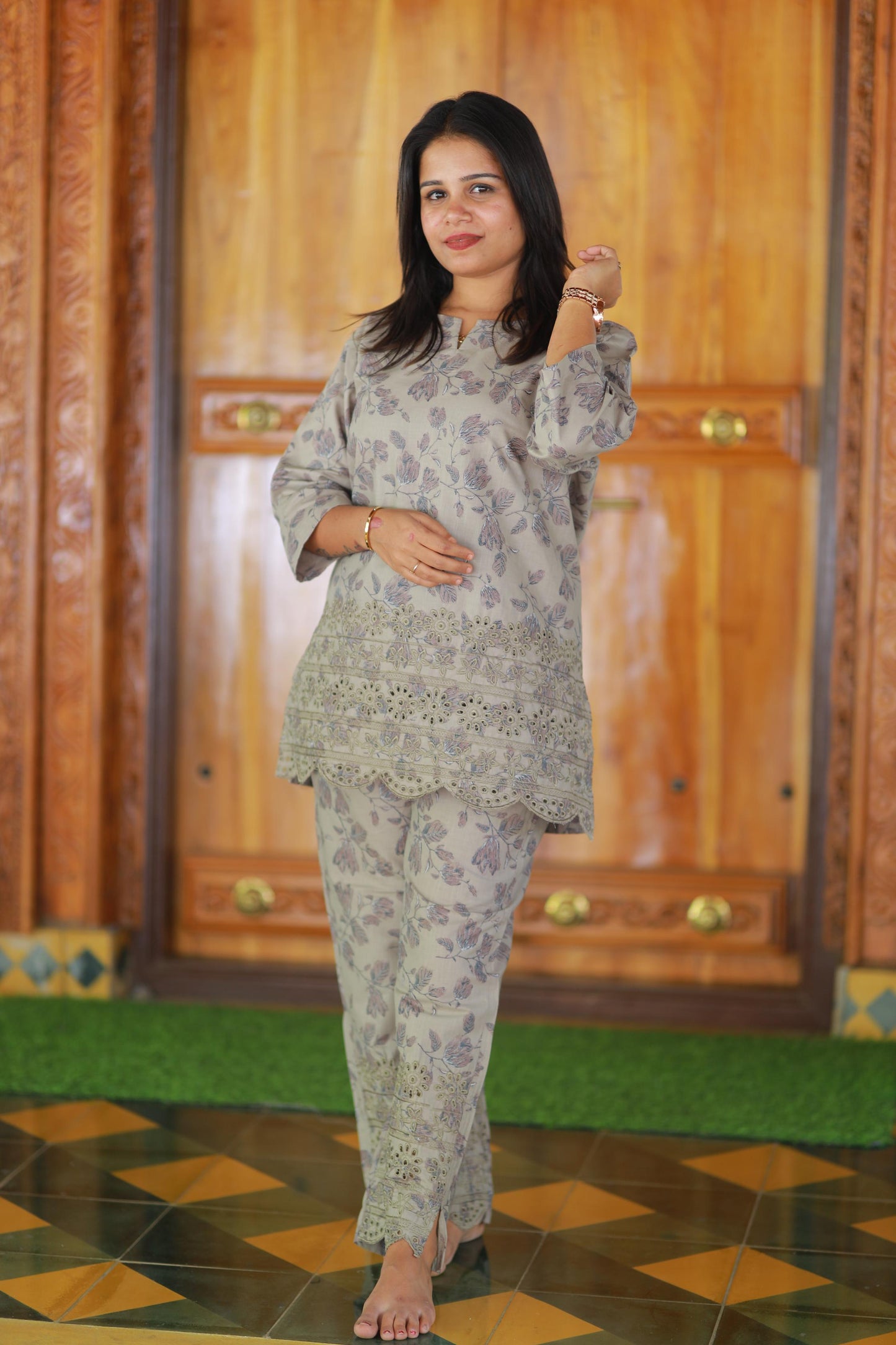 Brown Linen schiffli embroidery co-ord set