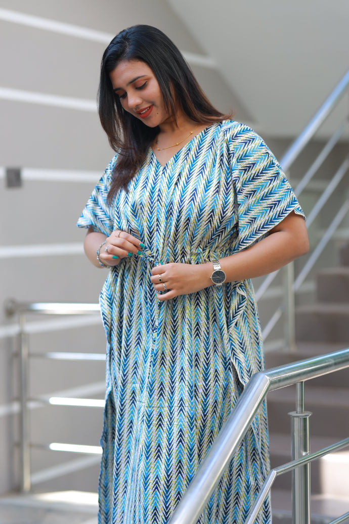 Pretty print casual cotton kaftan with center zip