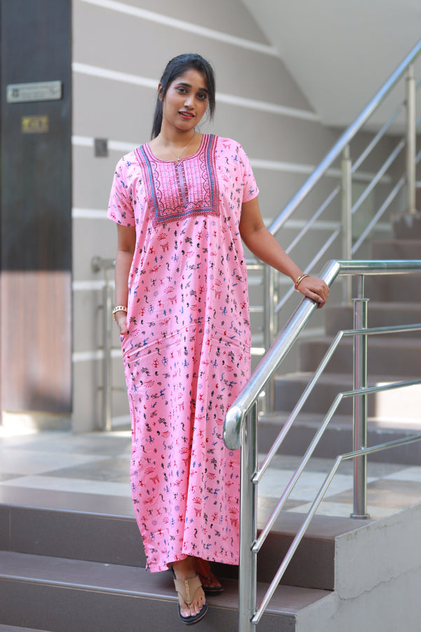 Light Pink With Blue Design Neck Embroidery Nighty