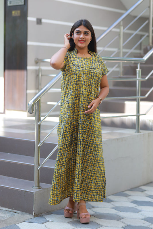 Yellow with Black checked Collar Nighty