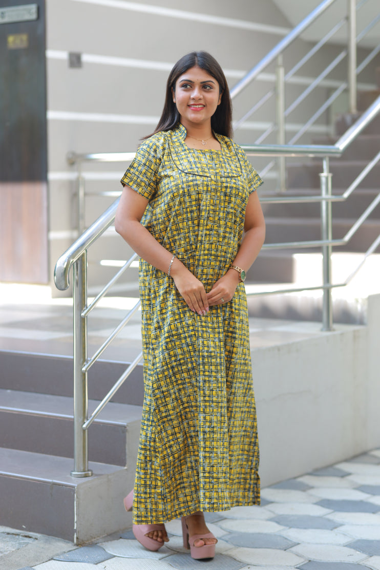 Yellow with Black checked Collar Nighty