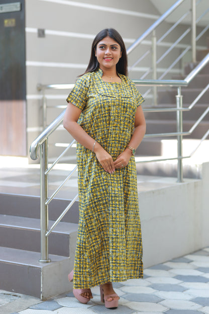 Yellow with Black checked Collar Nighty