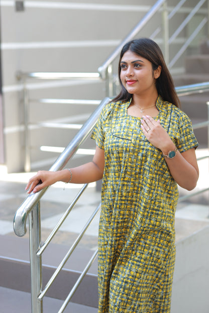 Yellow with Black checked Collar Nighty