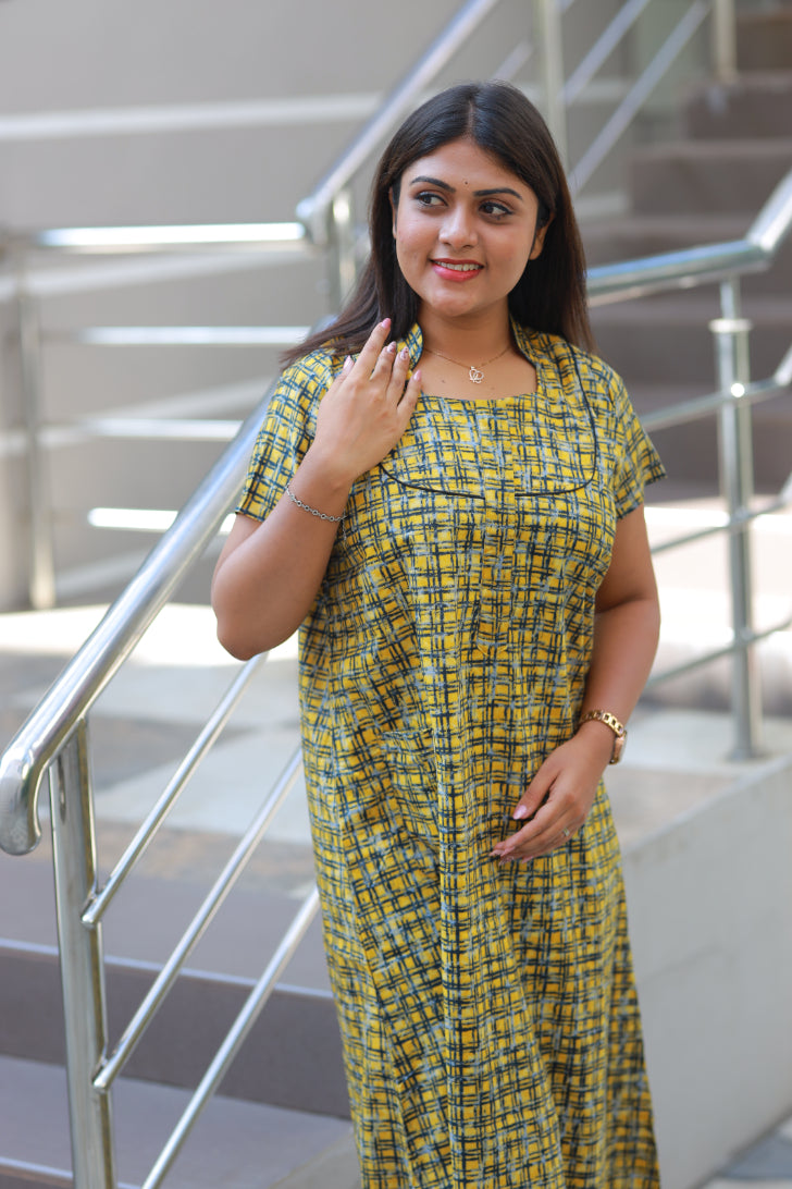 Yellow with Black checked Collar Nighty