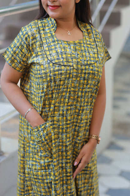 Yellow with Black checked Collar Nighty