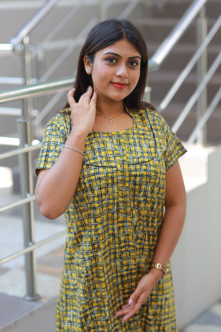 Yellow with Black checked Collar Nighty