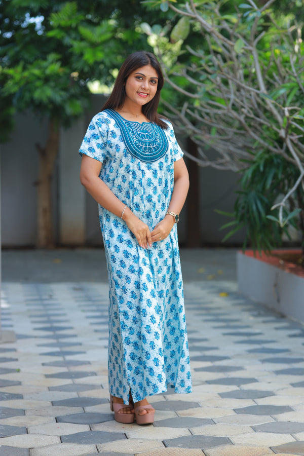 White With Blue Butta design embroidery neck nighty