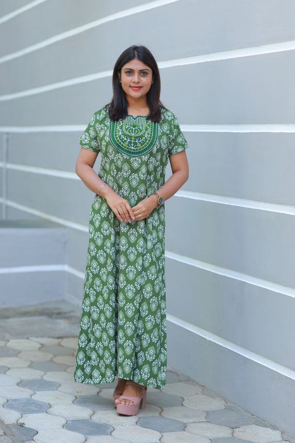 Green with white ikkat design embroidery Nighty