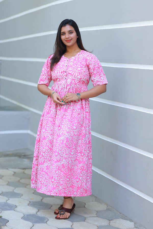Pure cotton Hand Dyed Pink With White Batik double layer frock with Center Button