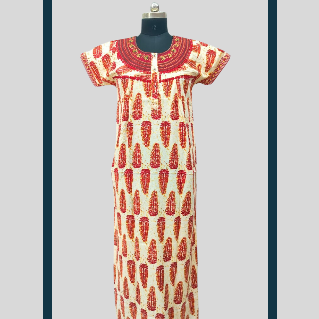 Super SPL - Embroidery Neck- Dark Red With Light Yellow design Nighty