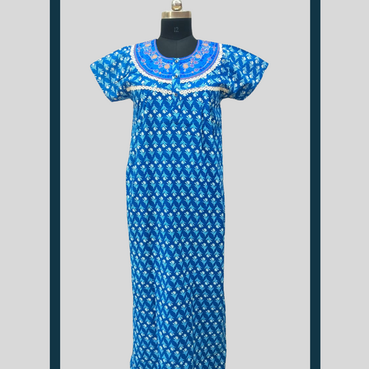 Super SPL - Embroidery Neck- Navy Blue With White Flowers  design Nighty