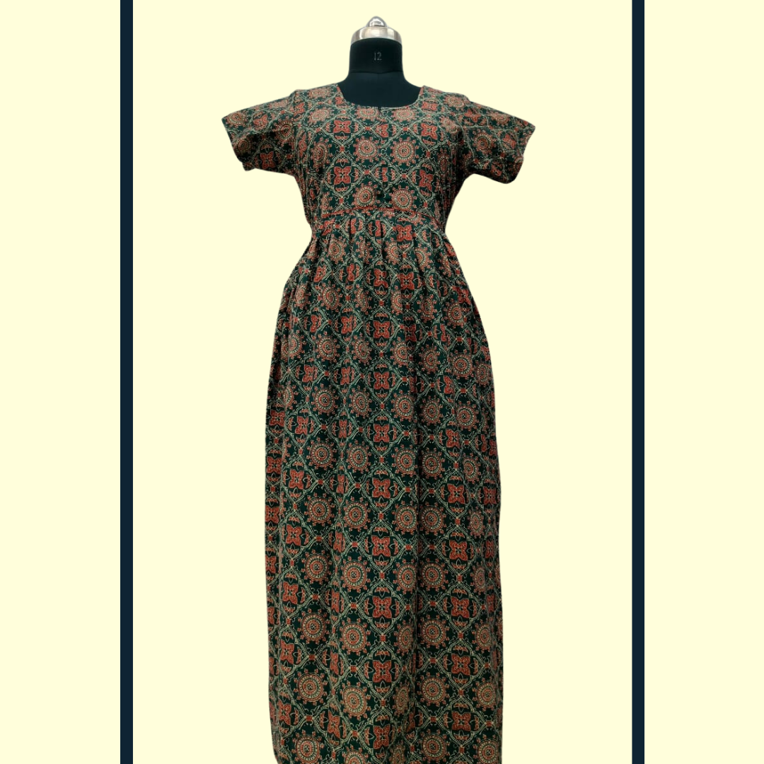 LATEST - Cambric cotton Dark green with Red Frock Type Maxi with invisible center zip