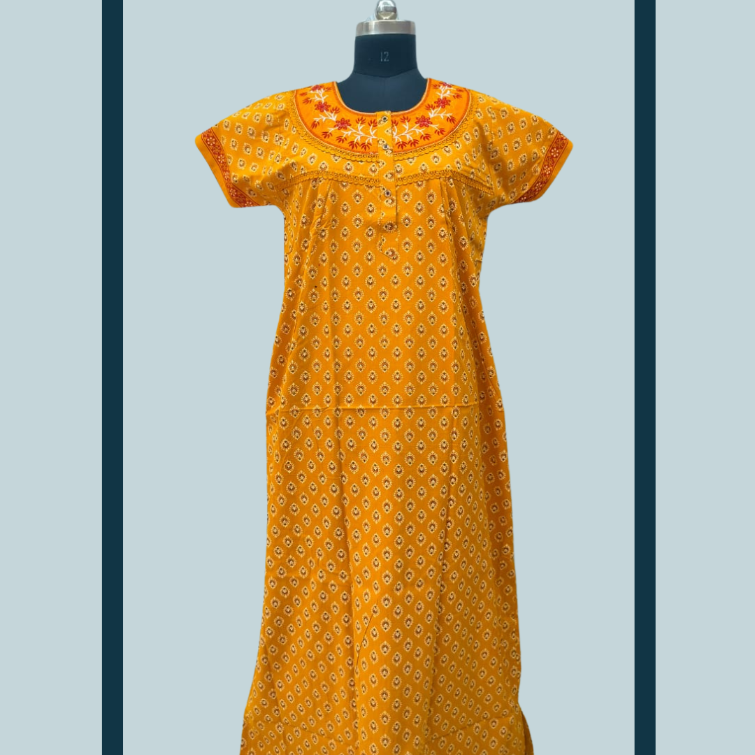 Super SPL - Embroidery Neck- Dark Yellow With Red Flower design Nighty