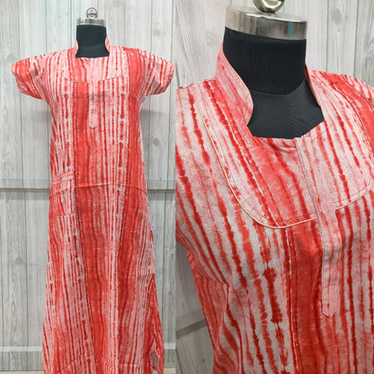 SUPER - Light Red Stripes Print Collar Nighty