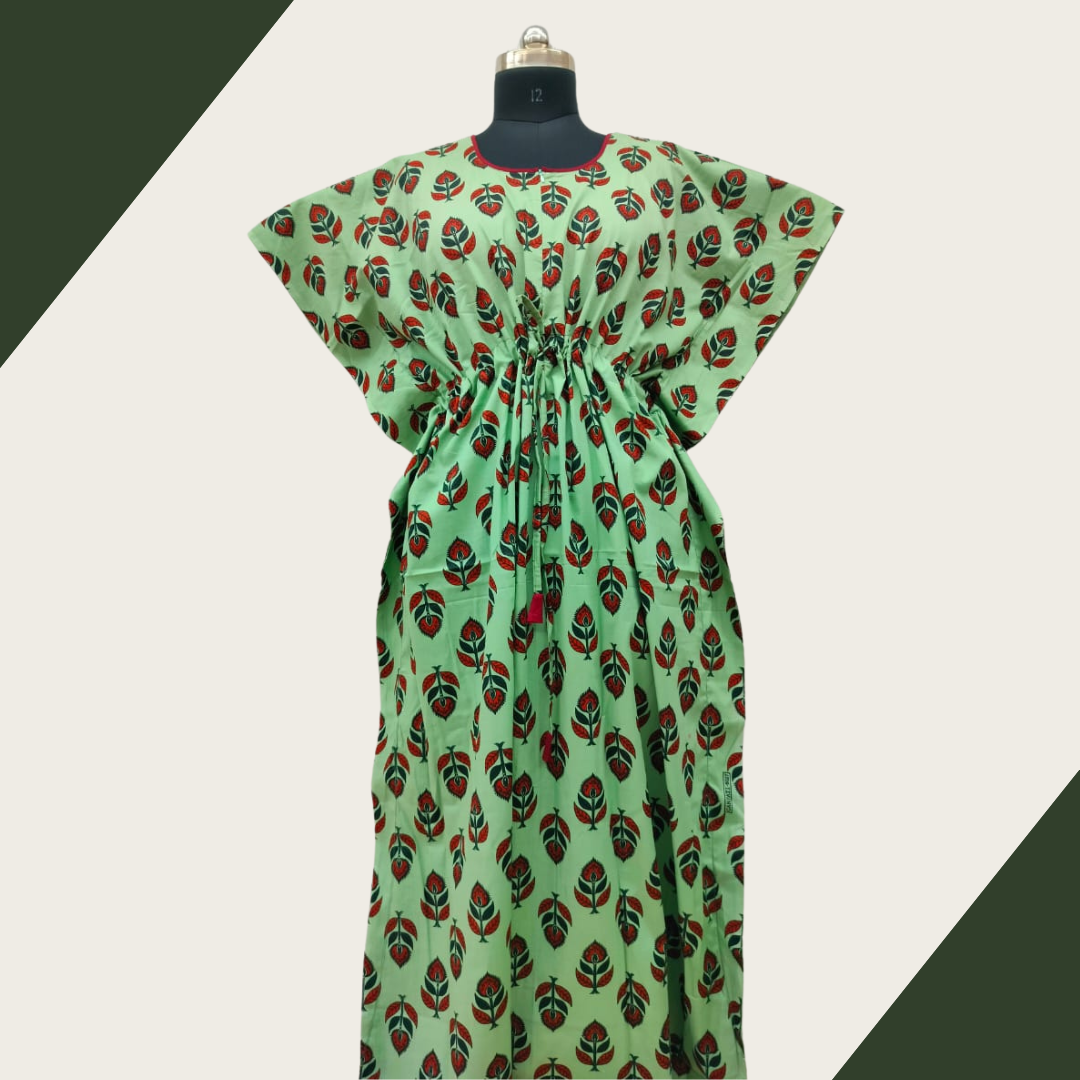 Fancy - Pista Green with Red leaf design full length kaftan