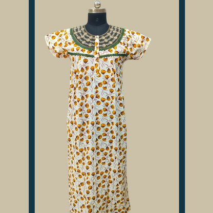 Super SPL - Embroidery Neck- Yellow With White  Flower design Nighty