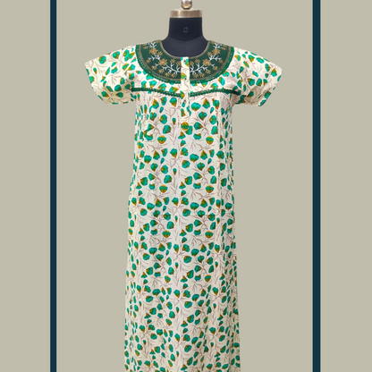 Super SPL - Embroidery Neck- Green With White Flower design Nighty