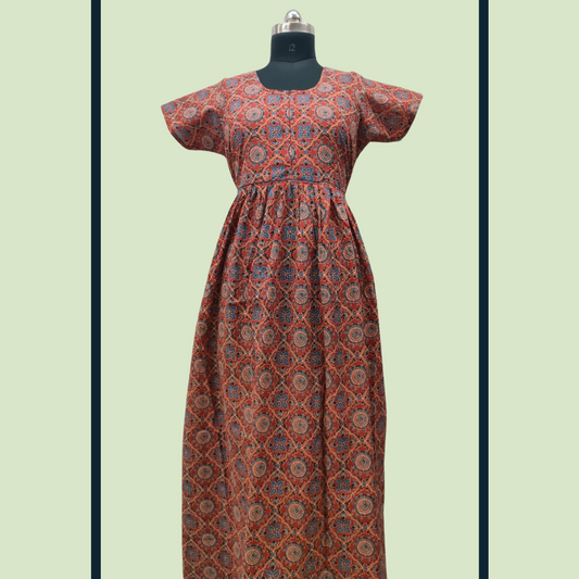 LATEST - Cambric cotton Red with Blue Frock Type Maxi with invisible center zip