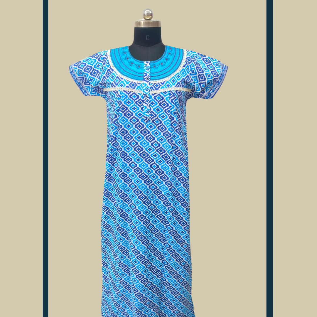 Super SPL - Embroidery Neck- Sky Blue With Blue  design Nighty