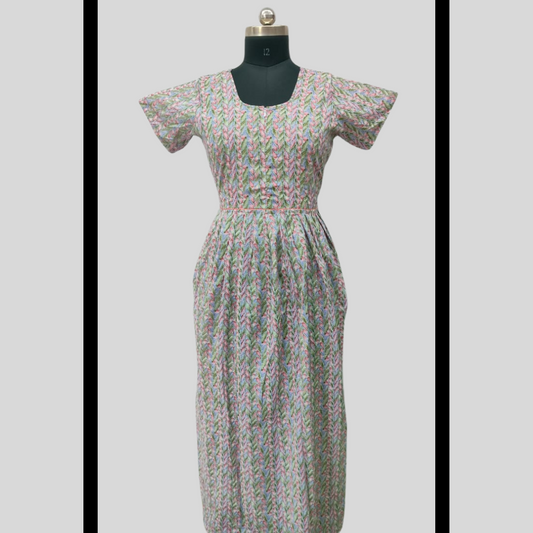 LATEST - Cambric cotton Blue With Green Frock Type Maxi with invisible center zip