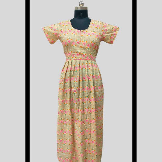 LATEST - Cambric cotton Sandal With Pink Flowers Frock Type Maxi with invisible center zip