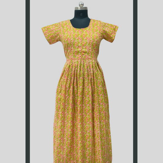 LATEST - Cambric cotton Yellow With Green Frock Type Maxi with invisible center zip