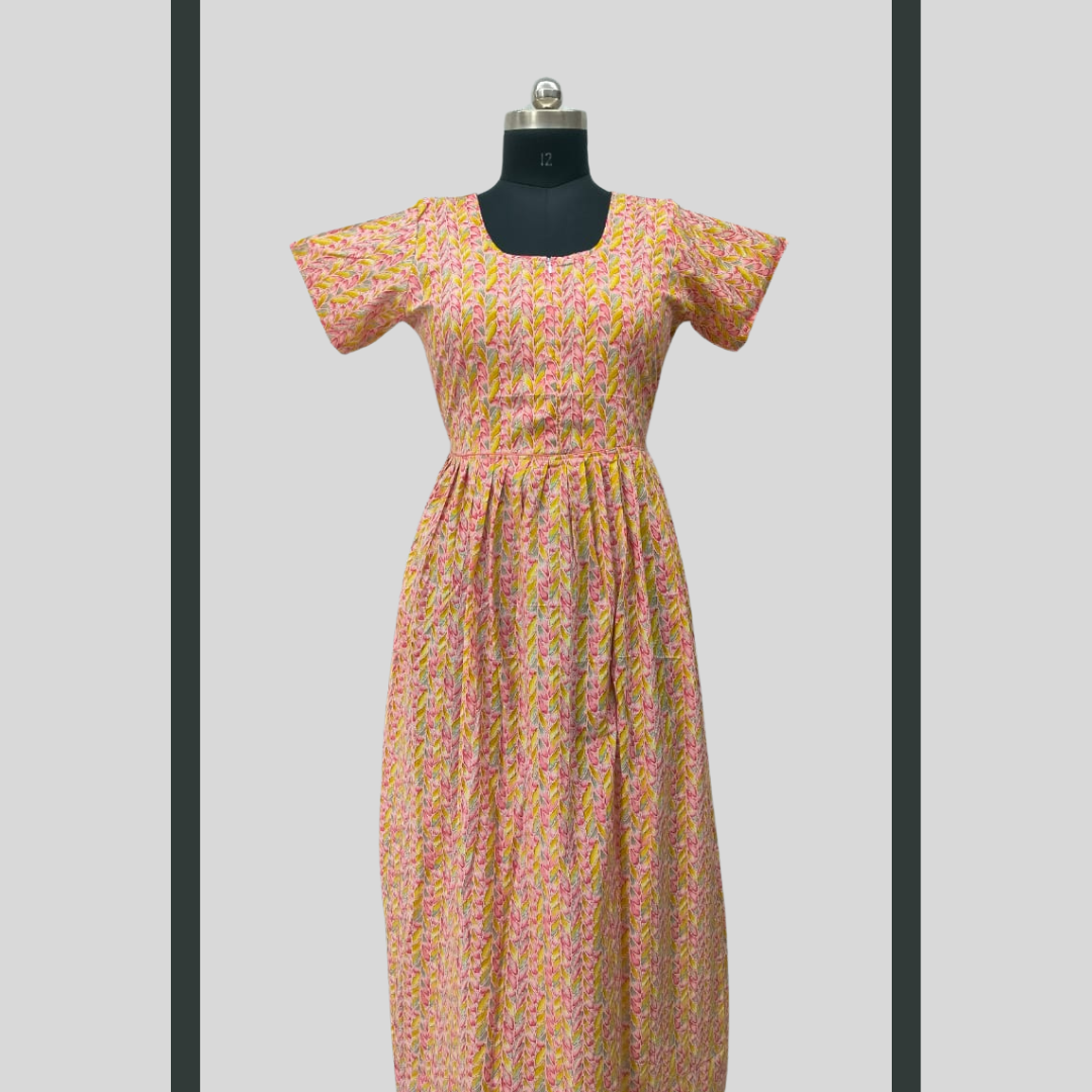 LATEST - Cambric cotton Pink With Yellow Frock Type Maxi with invisible center zip