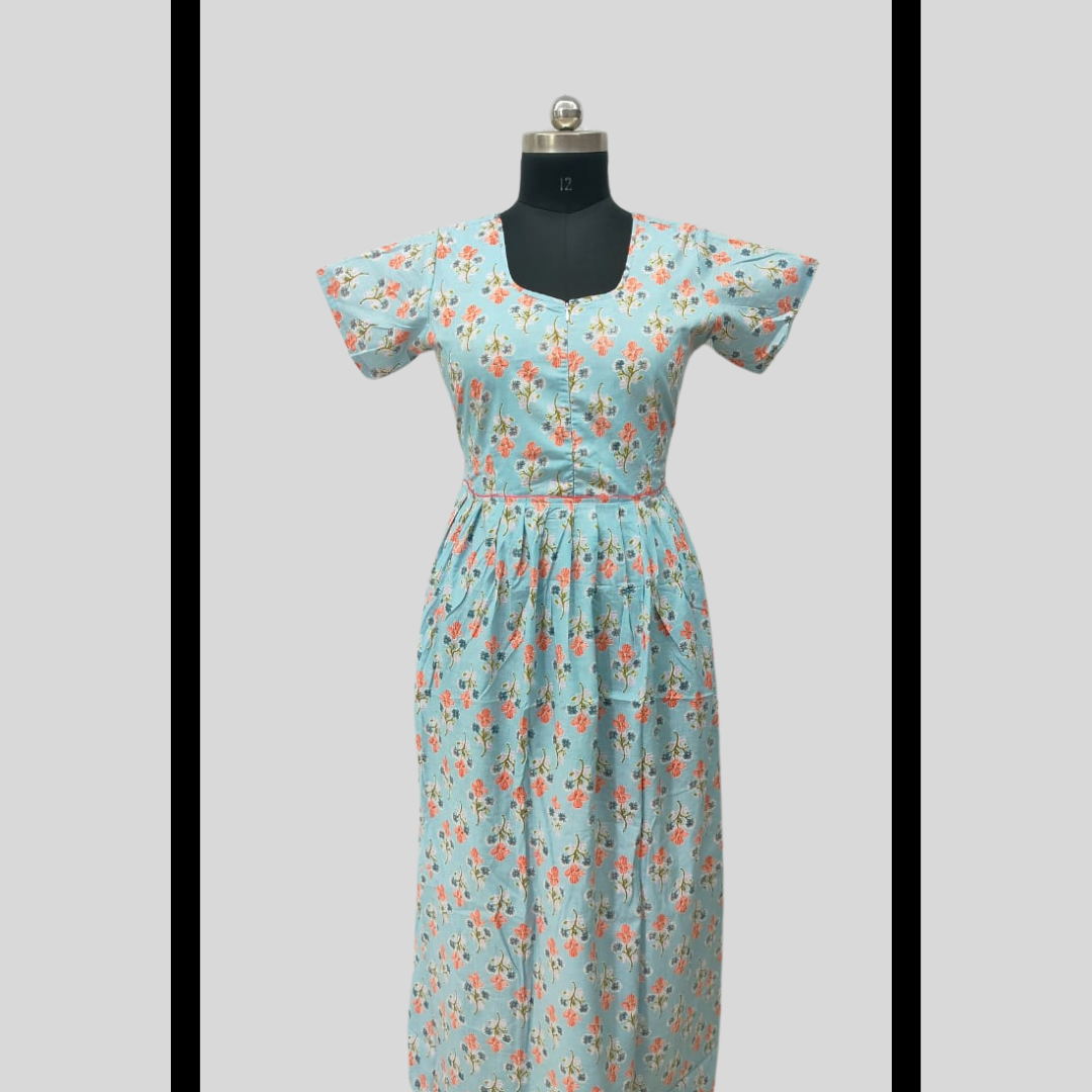 LATEST - Cambric cotton Blue With Red Flowers Frock Type Maxi with invisible center zip