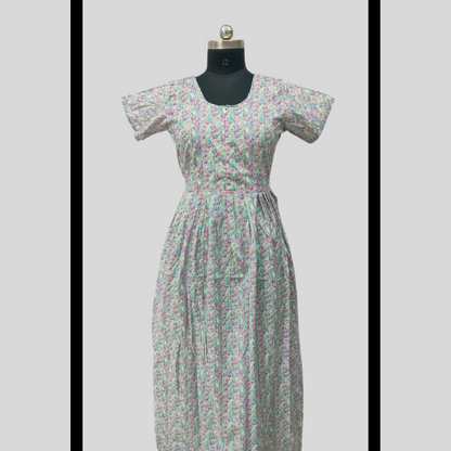 LATEST - Cambric cotton Light Green With Pink Frock Type Maxi with invisible center zip