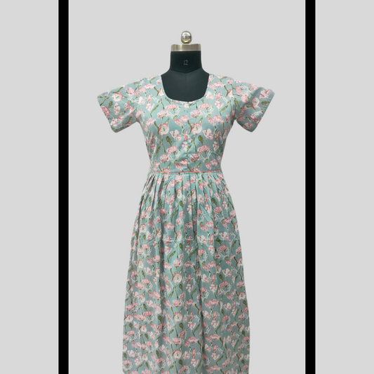 LATEST - Cambric cotton  Light Blue with Pink Flowers Frock Type Maxi with invisible center zip