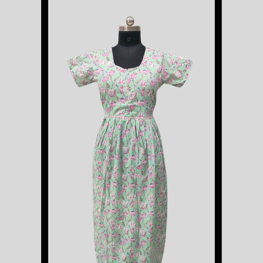 LATEST - Cambric cotton Light Green With Pink Flowers  Frock Type Maxi with invisible center zip