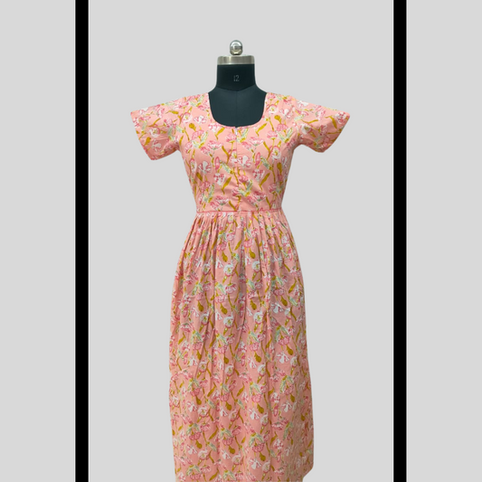 LATEST - Cambric cotton Light Pink With Mustard Flowers Frock Type Maxi with invisible center zip