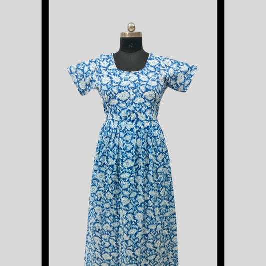 LATEST - Cambric cotton Bule With Sandal Flowers Frock Type Maxi with invisible center zip