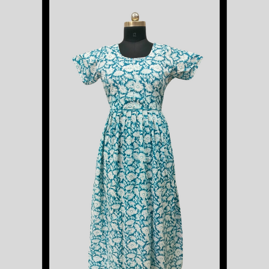 LATEST - Cambric cotton Green With Sandal Flowers Frock Type Maxi with invisible center zip