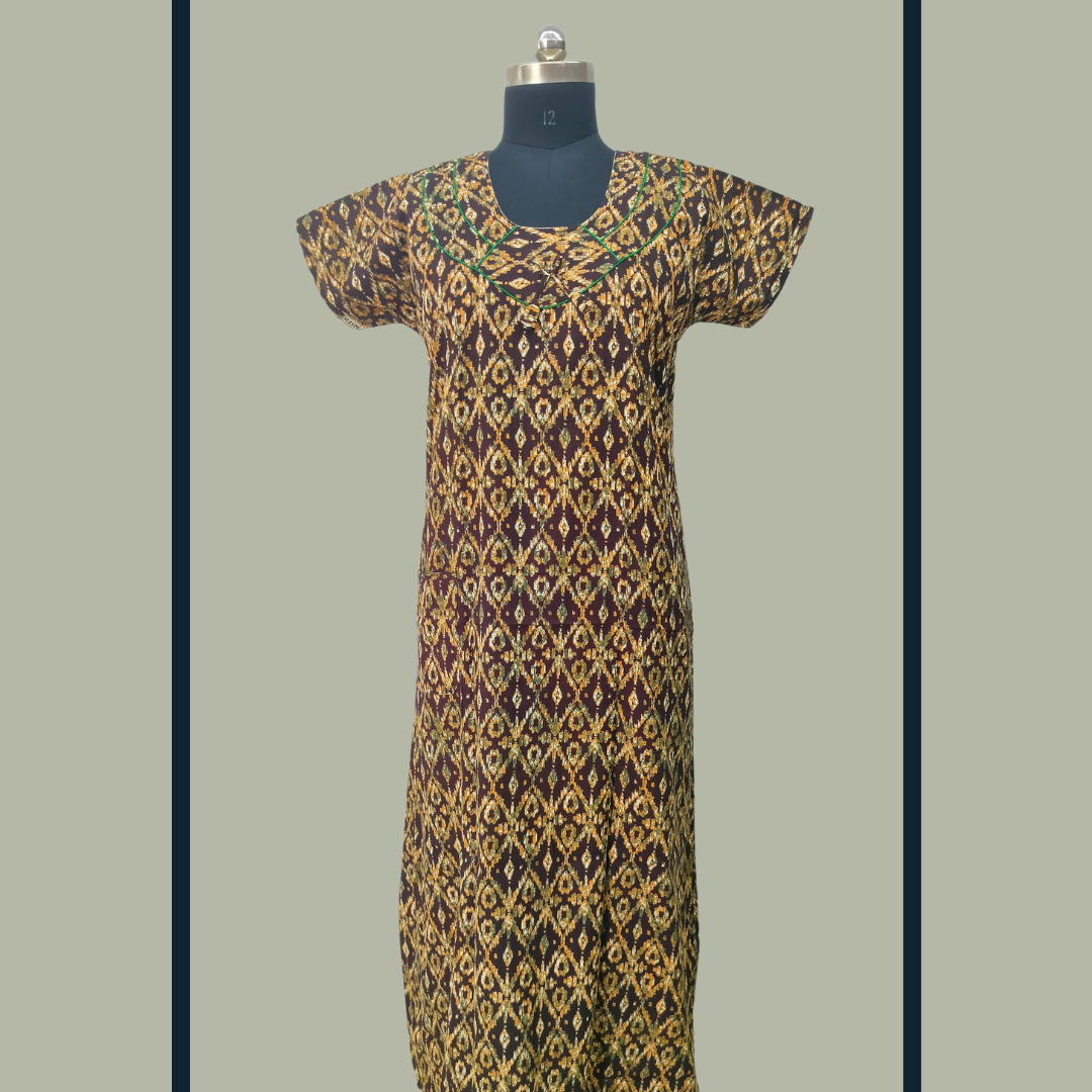 FANCY  -Brown With Yellow Ikat Design Piping Without Zip Nighty