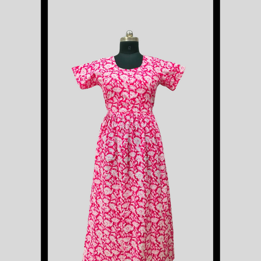 LATEST - Cambric cotton Pink With White Frock Type Maxi with invisible center zip