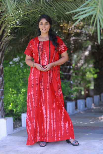 Dark Pink Tie and Dye Design Without Zip Nighty
